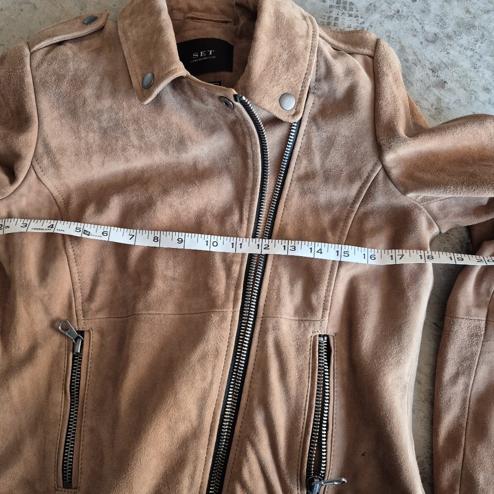 SET Urban Deluxe Suede Moto Jacket Camel Tan Leather Biker Coat US 8 - Picture 9 of 12